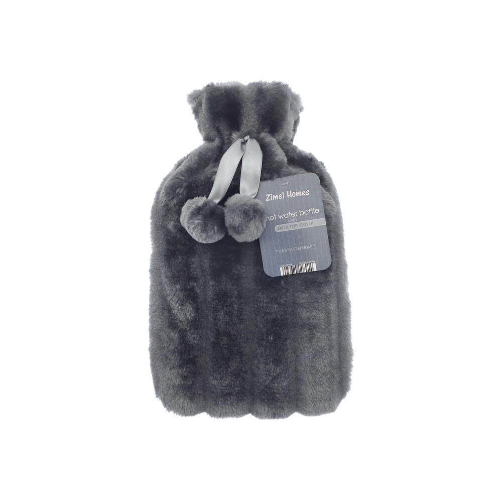 (Charcoal) Large 2 Litre Natural Rubber Hot Water Bottle With Warm Faux Fur Cover Fleece Cozy