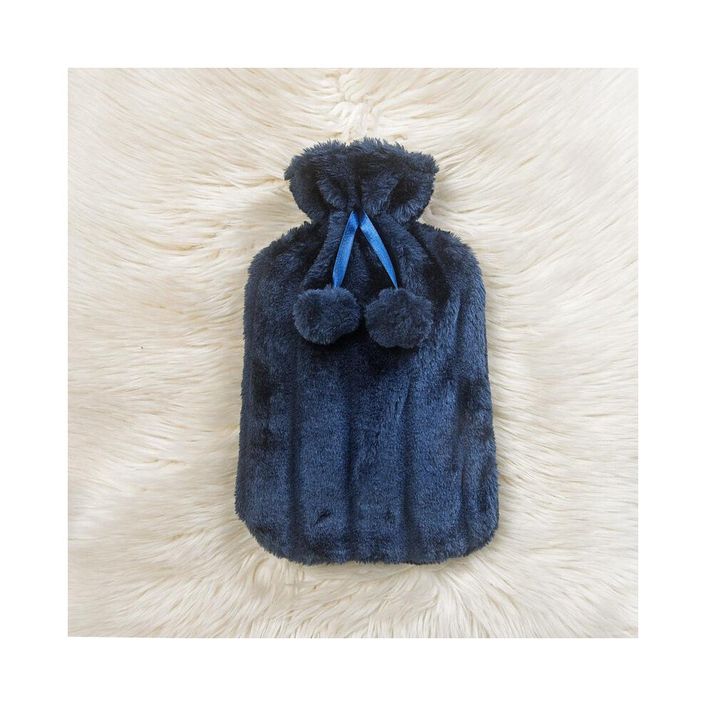 (Navy Blue) Large 2 Litre Natural Rubber Hot Water Bottle With Warm Faux Fur Cover Fleece Cozy