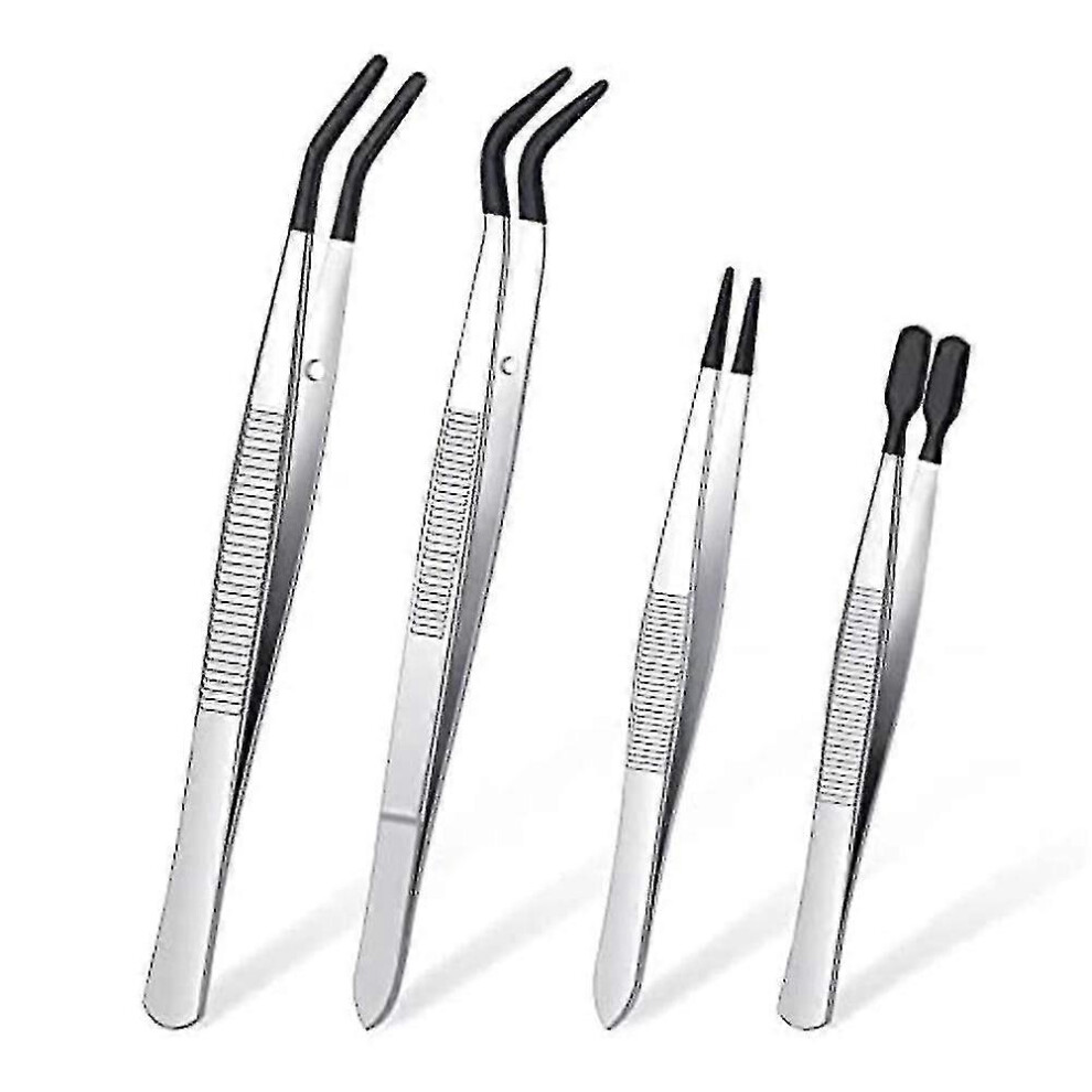 4-Piece Rubber Tweezer Set, PVC Coated Tweezers, Rubber Fine Tip Tweezers, Rubber Flat Tip Tweezers