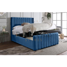 (5ft, No Ottoman, With Mattress) Ottoman Storage Bed Panel Blue Plush Velvet Upholstered Bed Frame - Winged Vegas Headboard