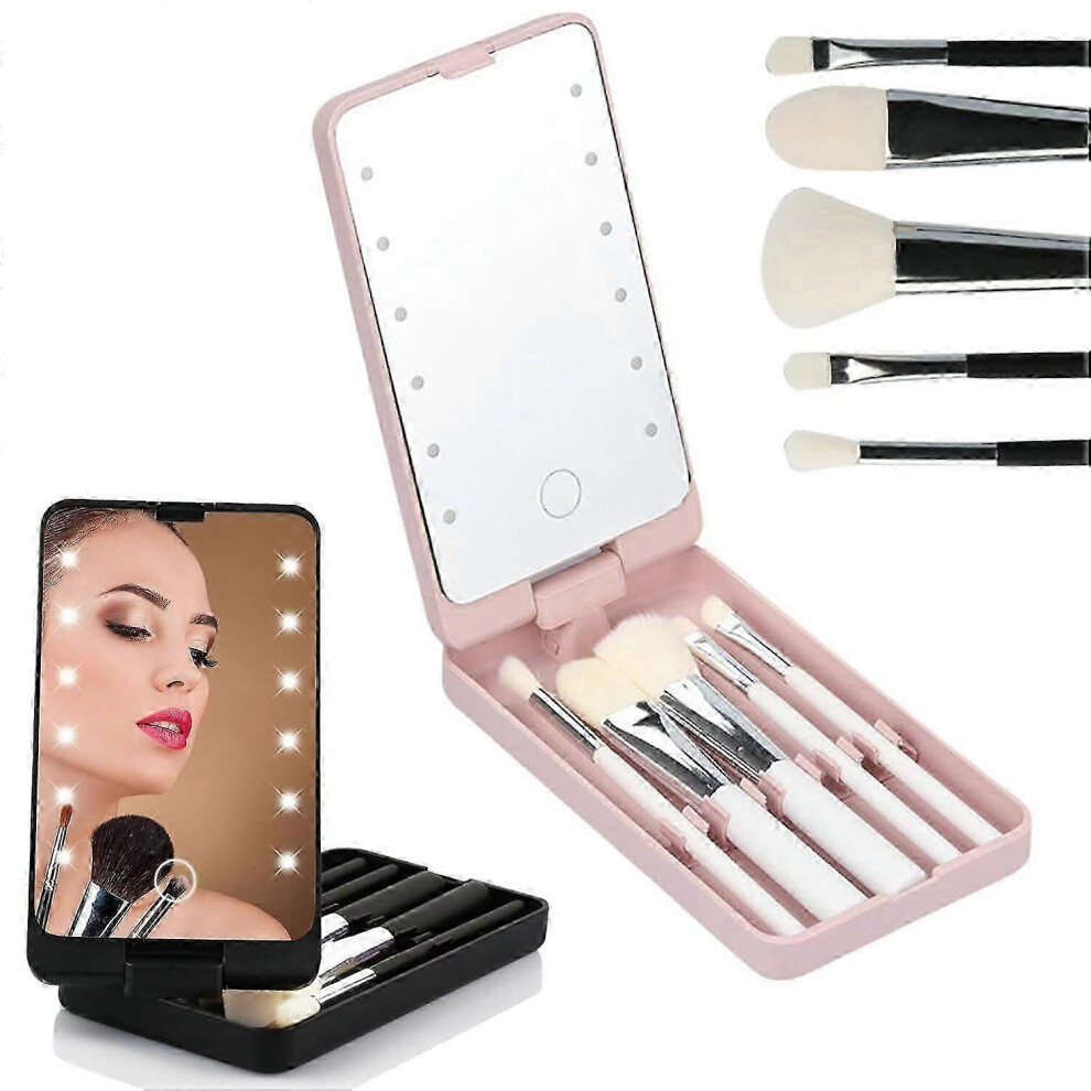 (White) Travel Makeup Brush Set with LED Lighted Mirror and 5 Makeup Brushes Gift Set
