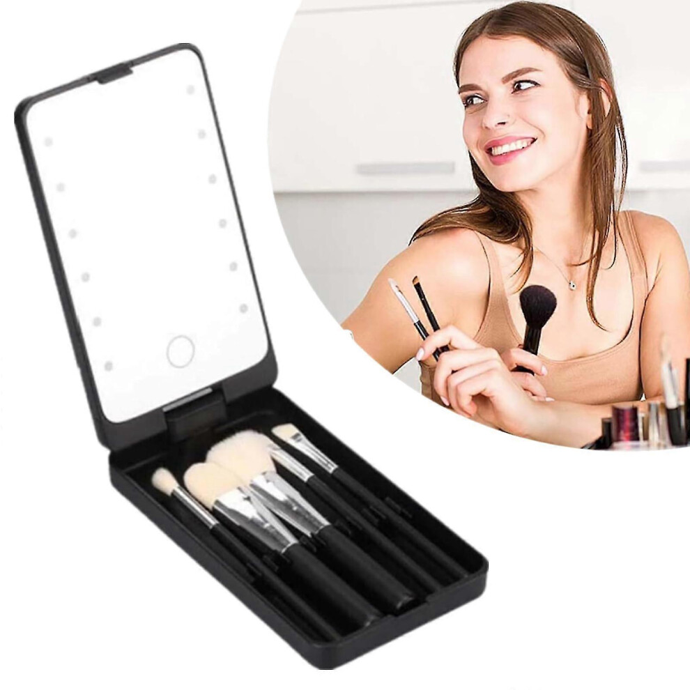 (Black) Travel Makeup Brush Set with LED Lighted Mirror and 5 Makeup Brushes Gift Set