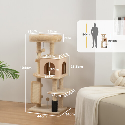PawHut (Cream) PawHut Cat Tree Tower Scratching Post Bed House, 132cm 2