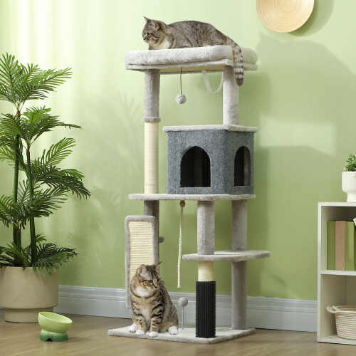 PawHut (Grey) PawHut Cat Tree Tower Scratching Post Bed House, 132cm