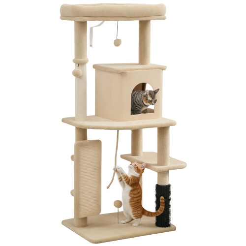 PawHut (Cream) PawHut Cat Tree Tower Scratching Post Bed House, 132cm 1