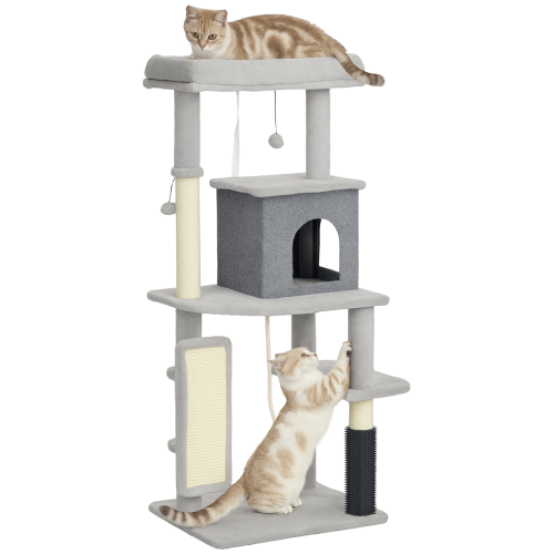 PawHut (Grey) PawHut Cat Tree Tower Scratching Post Bed House, 132cm 1