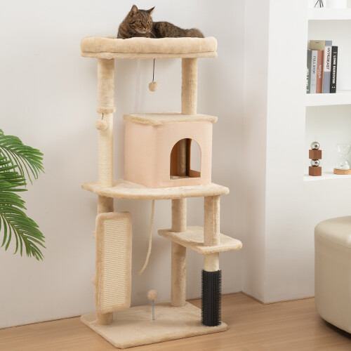 PawHut (Cream) PawHut Cat Tree Tower Scratching Post Bed House, 132cm