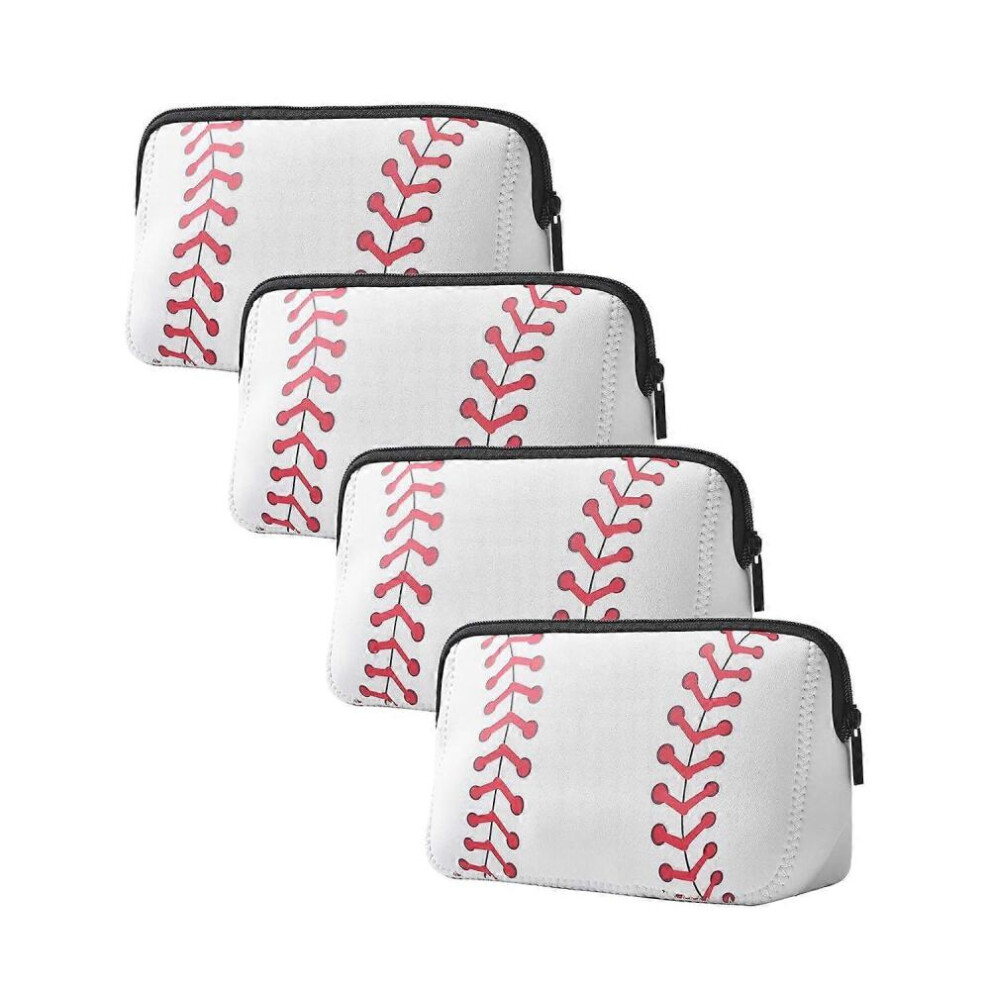 White 4 Pieces Softball Cosmetic Bag Baseball Print Makeup Bag With Zipper Travel Cosmetic Pouch Bag Softball Gifts,