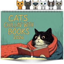 Calendario da parete 2026 Cats Chillin' with Books - Graziosa opera d'arte raffigurante gatti, regalo per amanti dei libri, divertente decor