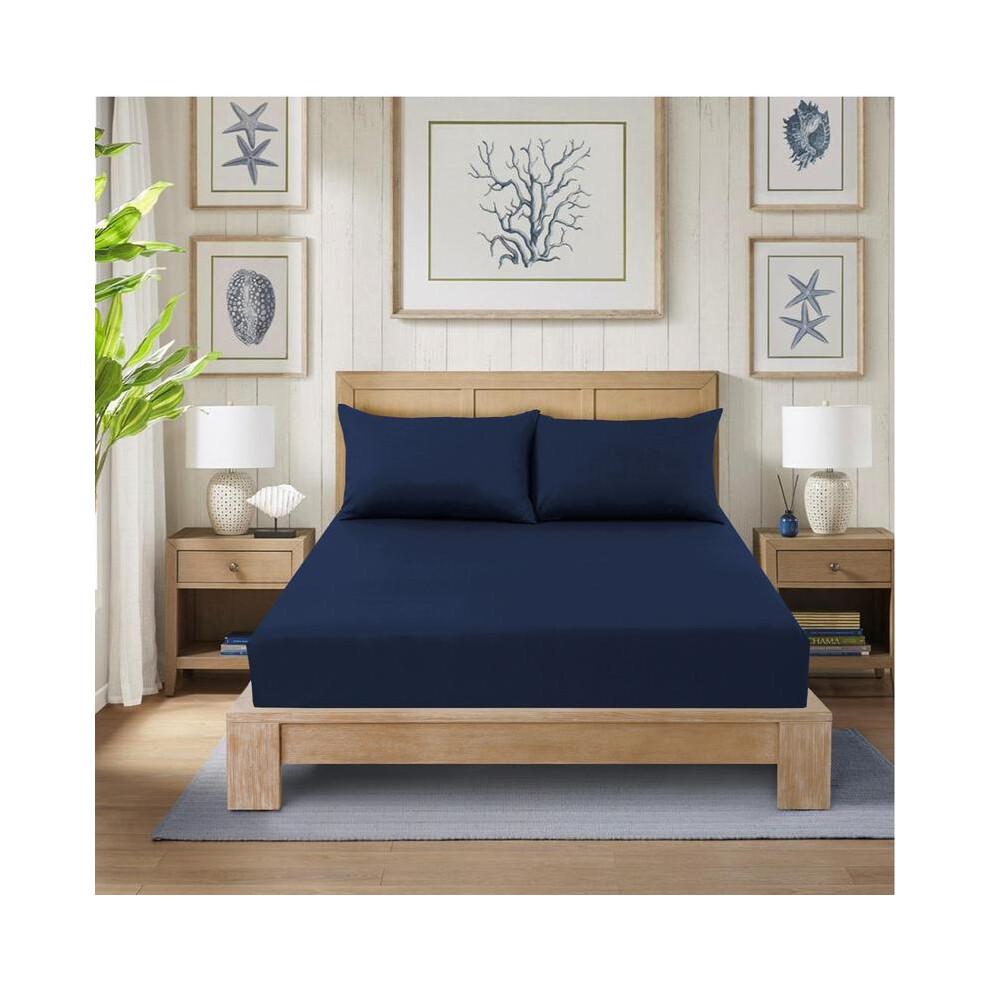 (NAVY-BLUE, Single ) CHARKHAH LONDON 40cm Extra Deep Polycotton Fitted Bed Sheets - Soft 12 Colors Available-image-OPC-PKGMPV5-NEW