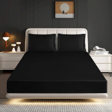 (BLACK, DOUBLE) CHARKHAH Satin Fitted Sheet Set with 2 Pillowcases - Ultra-Soft, Deep Pockets, Machine Washable