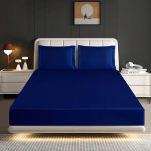 (NAVY-BLUE, DOUBLE) CHARKHAH  Satin Fitted Sheet Set with 2 Pillowcases - Ultra-Soft, Deep Pockets, Machine Washable