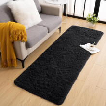 (Small Runner (80x150cm), Black Shaggy Rug) Non Slip Shaggy Rugs & Printed Runner Soft Fluffy Carpets for Bedroom, Kitchen & Hallway