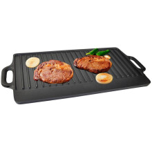 (Black) X-Large Non-Stick Cast Iron Reversible Griddle Plate Pan Double Sided for BBQ & Hob Cooking with Non-Stick Ridged and Flat Surfaces and Drip