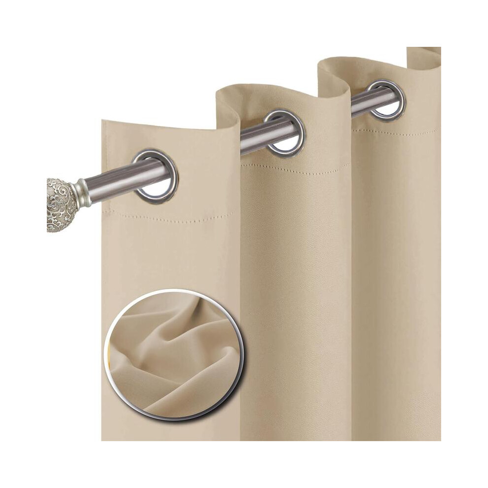 (Beige, 46" Width x 90" Drop) Premium Ready Made Eyelet Blackout Curtain - Energy Saving Thermal Insulation - Sleek Ring Top Design - Free Tie Backs I-image-OPC-PKGNBZQ-NEW