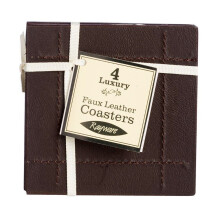 Set of 4 Luxury Faux Leather Stitched Brown Table Coasters