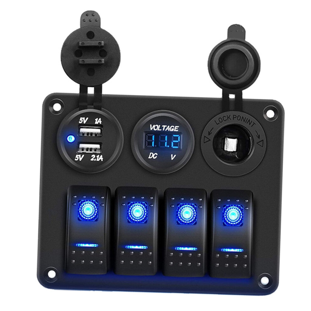 4 Gang Led Switch Panel 12V Cigar Lighter Voltmeter 2 Usb Sockets Universal 12-24V Vehicles Ip66 Waterproof Led Blue 9084446909654