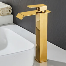 Kitchen Sink Faucet Gold Stainless Steel Vanity Faucet Waterfall Spout Single Handle Basin Mixer Hot Cold