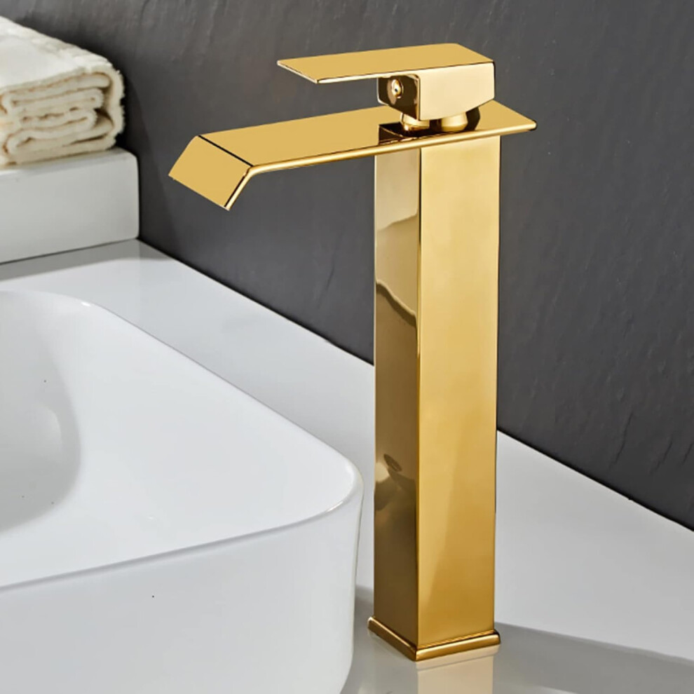 Kitchen Sink Faucet Gold Stainless Steel Vanity Faucet Waterfall Spout Single Handle Basin Mixer Hot Cold 9084446910063