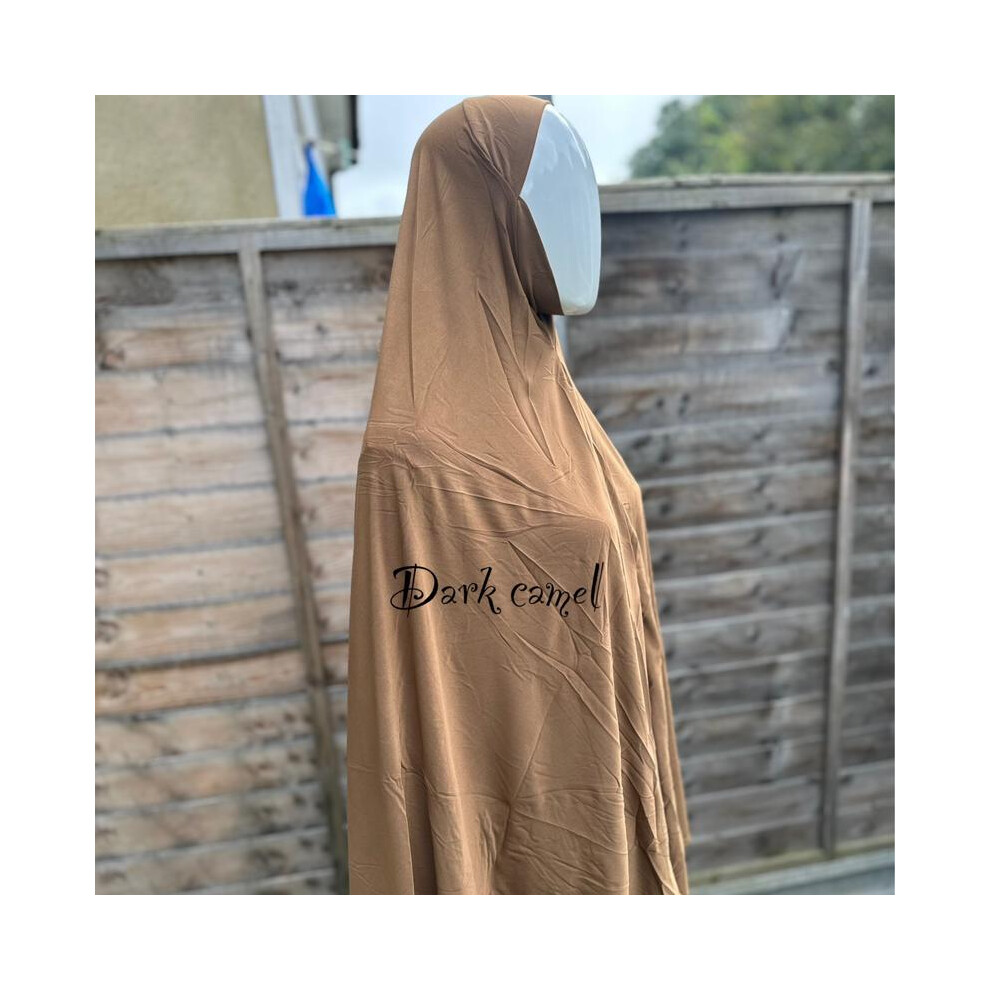 (Dark Camel) Extra Long Stretchable Lycra Muslim Prayer Hijab â Comfortable Pullover Headscarf, Ready-Made Modest Wear, Breathable XL Scarf for Wome-image-OPC-PKGNW7Q-NEW