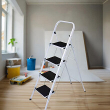 (4 Step) Foldable 2/3/4 Step Steel Ladder - Non Slip Tread Stepladder Safety, Kitchen, Home, Industrial, DIY Steel Construction | Strong & Durable,