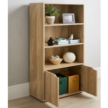 3 Open Shelf Bookcase Oak 2 Door Storage Unit Freestanding 120x58x29Cm