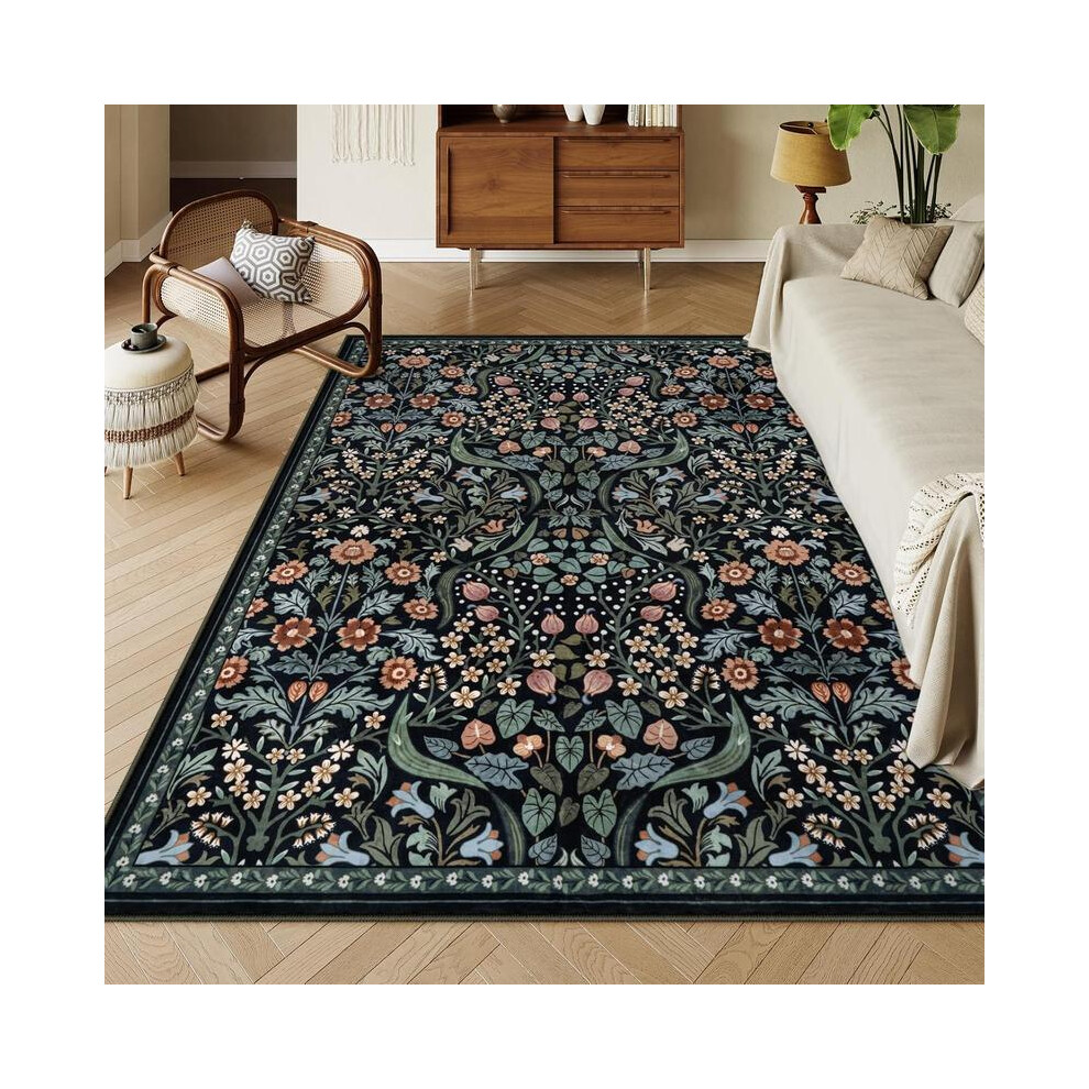 (Black, 160x230cm/5.25x7.55ft) Vintage Floral Pattern Rug, 1 Count Non-slip Washable Floor Mat, Boho Style Rug, Decorative Carpet for Home Decor Livin-image-OPC-PKGP78G-NEW