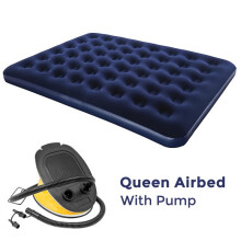 (QUEEN AIRBED + FOOT PUMP) Double Single Flocked Camping Airbed Inflatable Mattress Blow Up Air Bed