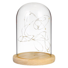 glass dome lamp with wooden base and warm white led string lights