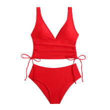 Women Two Pcs Swimsuits Solid Color Swimwear High Waist Bathing Suit Beachwear Red S