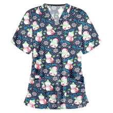 Christmas Women's Nursing Scrub Short Sleeve T-shirt Snowman Dark Blue