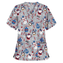 Christmas Women's Nursing Uniform Scrub Short Sleeve T-shirt Xmas Blouse Tee Tops Penguin Grey 2XL