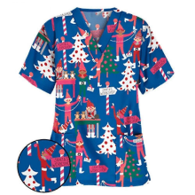 Christmas Women's Nursing Scrub Short Sleeve T-shirt Xmas Tree Blue 2XL