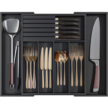 MantraRaj Bamboo Cutlery Drawer Organiser With Knife Block, Expandable Cutlery Tray for Kitchen Drawers