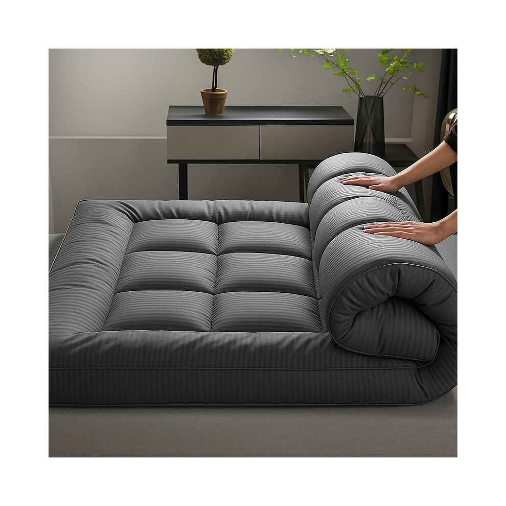 (Grey Stripe, Double (137 x 190cm)) 10CM Thick Mattress Topper 4" Inch Deep Grey Quilted Super Fluffy & Breathable Soft & Fluffy Heavy Fill Box Stitch