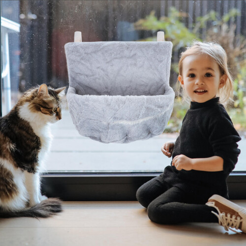 foldable cat window hammock bed with plush lining detachable grey 2