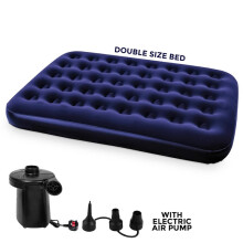 (Double Airbed + Electric Pump) Double Single Flocked Camping Airbed Inflatable Mattress Blow Up Air Bed Pump