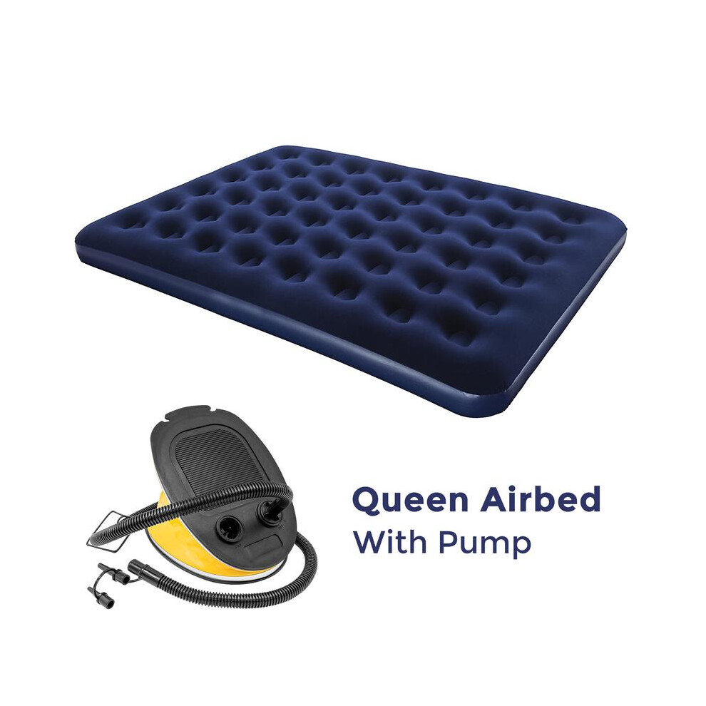 (QUEEN AIRBED + FOOT PUMP) Double Single Flocked Camping Airbed Inflatable Mattress Blow Up Air Bed-image-OPC-PKGQQ9R-NEW
