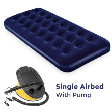(SINGLE AIRBED + FOOT PUMP) Double Single Flocked Camping Airbed Inflatable Mattress Blow Up Air Bed