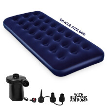(SINGLE AIRBED + ELECTRIC PUMP) Double Single Flocked Camping Airbed Inflatable Mattress Blow Up Air Bed