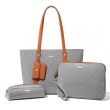 (Grey and Brown) [MissLulu Bags] 4 Piece Glossy Leather Tote Handbag Set in 4 Colors