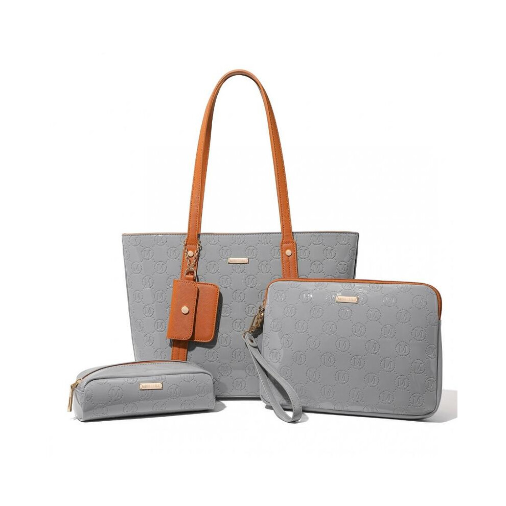 (Grey and Brown) [MissLulu Bags] 4 Piece Glossy Leather Tote Handbag Set in 4 Colors-image-OPC-PKGQZ5Y-NEW