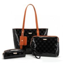 (Black and Brown) [MissLulu Bags] 4 Piece Glossy Leather Tote Handbag Set in 4 Colors