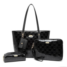 (Black) [MissLulu Bags] 4 Piece Glossy Leather Tote Handbag Set in 4 Colors