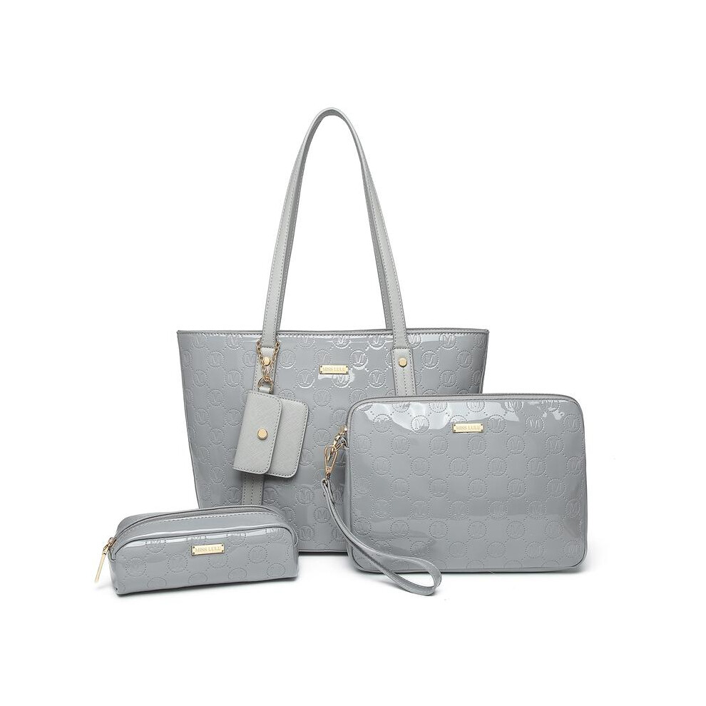 (Grey) [MissLulu Bags] 4 Piece Glossy Leather Tote Handbag Set in 4 Colors-image-OPC-PKGQZ5X-NEW