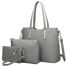 (Grey) [MissLulu Bags] Three Piece Tote Shoulder Handbag and Clutch Set - Premium Quality Textured PU Leather