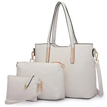 (White) [MissLulu Bags] Three Piece Tote Shoulder Handbag and Clutch Set - Premium Quality Textured PU Leather