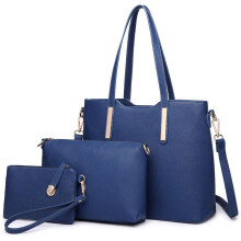 (Navy) [MissLulu Bags] Three Piece Tote Shoulder Handbag and Clutch Set - Premium Quality Textured PU Leather