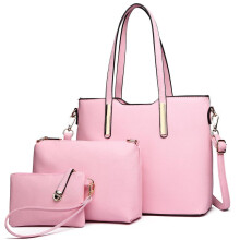 (Light Pink) [MissLulu Bags] Three Piece Tote Shoulder Handbag and Clutch Set - Premium Quality Textured PU Leather
