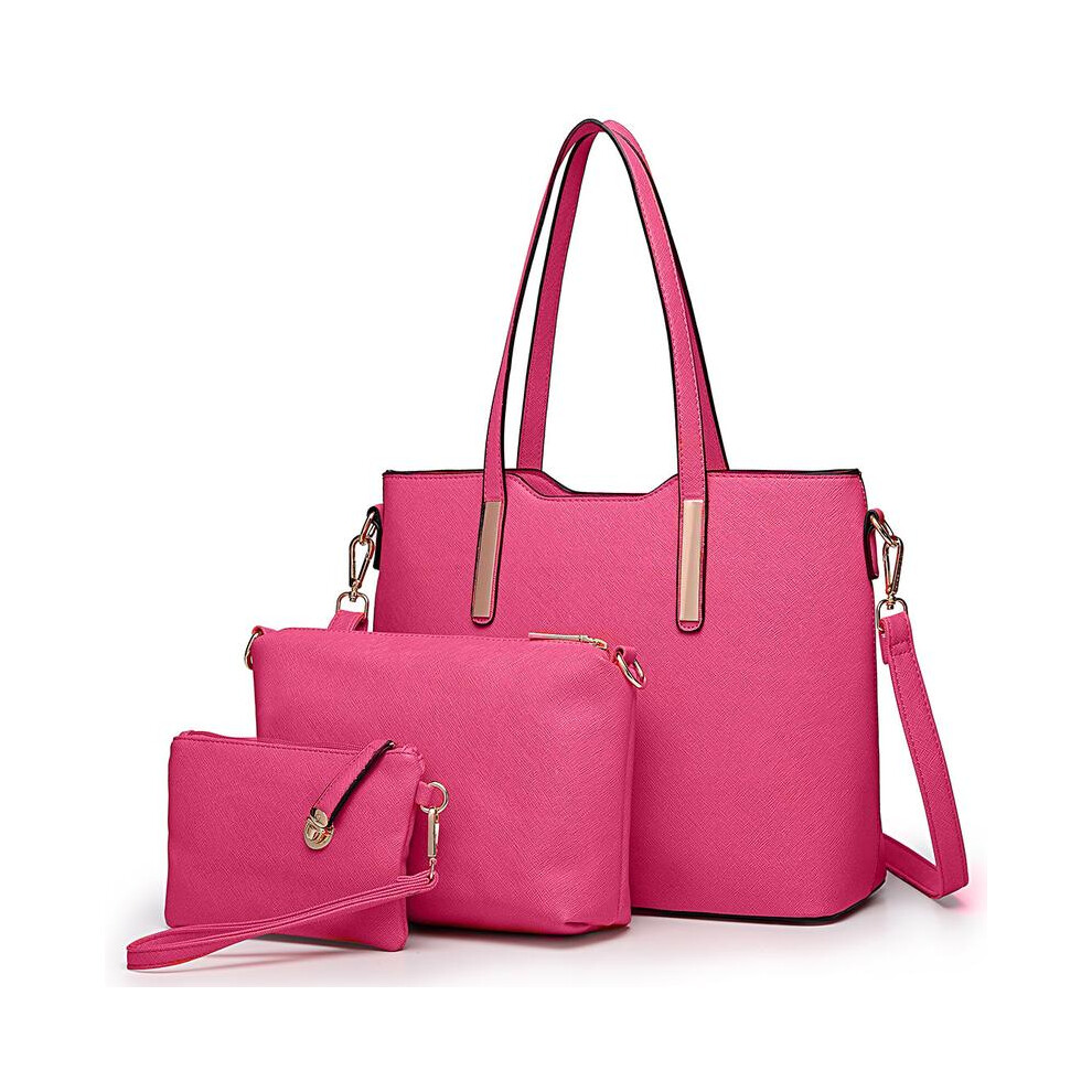 (Plum) [MissLulu Bags] Three Piece Tote Shoulder Handbag and Clutch Set - Premium Quality Textured PU Leather-image-OPC-PKGQZNV-NEW